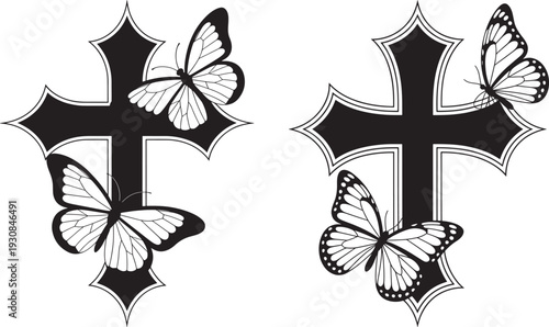 Spiritual Crosses with Butterflies: Decorative Black and White Symbolism of Faith and Transformation