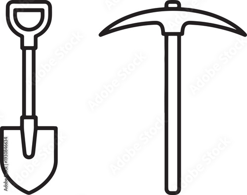 Black outline shovel and pickaxe on white background also transparent background tool digging construction