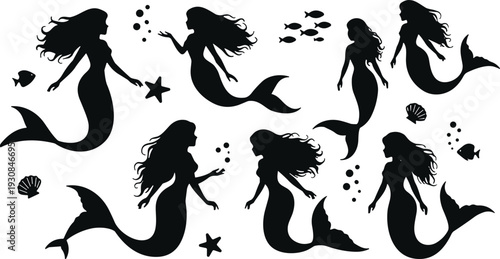 Mermaid silhouettes with fish and seashells, underwater fantasy ocean siren collection isolated on white background vector set