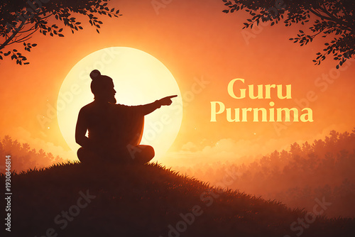 Silhouette of a guru pointing towards a bright golden sunset