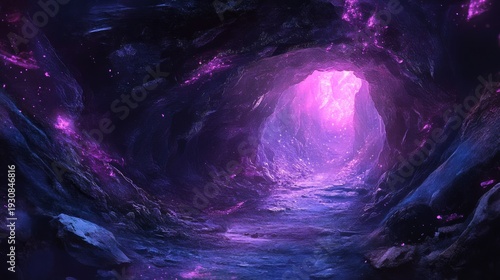 A mesmerizing cave scene featuring vibrant pink light illuminating the rocky walls. The starry background enhances the mystical and magical atmosphere, inviting exploration.