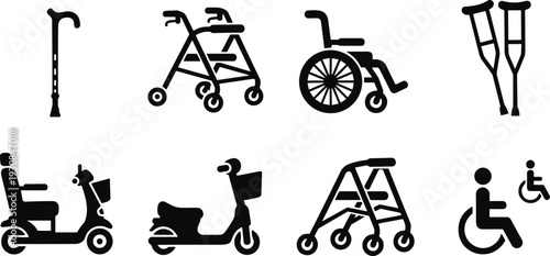 Mobility aid and accessibility icons set, wheelchair walker crutches scooter isolated on white background vector illustration