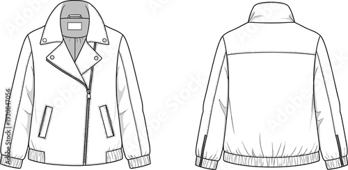 Women's biker jacket technical flat sketch vector illustration, front and back view design template