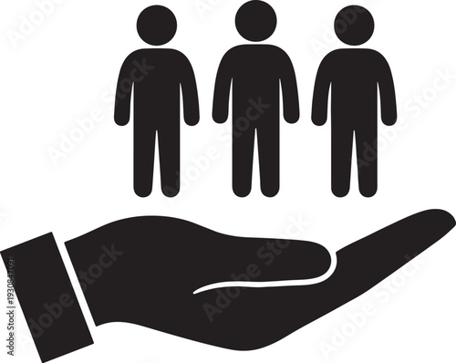 Tableau sur toile Black silhouette of a hand holding three simplified human figures against a whit