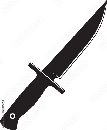 Black silhouette of a hunting knife with a pointed blade and a crossguard also transparent background