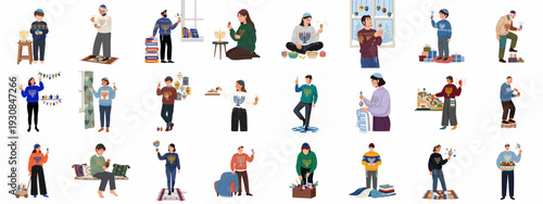 Diverse Group of People Celebrating Hanukkah with Menorahs, Dreidels, and Festive Traditions, Illustrating Joyful Jewish Holiday Observances.