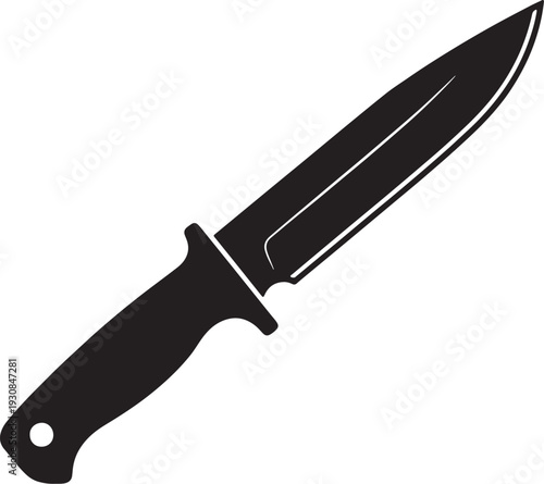 Black silhouette of a sharp pointed blade knife with a textured handle on a white background also transparent background