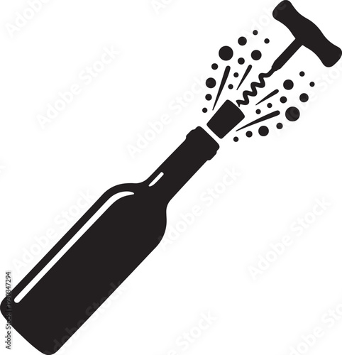 Black silhouette of a wine bottle being opened with a corkscrew and effervescent bubbles bursting out also transparent background