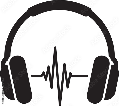 Black silhouette of headphones with a sound wave in the center also transparent background audio music