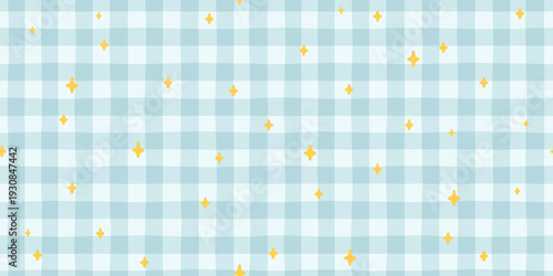 Stars seamless pattern on light blue gingham background. Cute childish vector with yellow sparkles for nursery textiles, wrapping paper, stationery. Minimalist hand-drawn doodle wallpaper.