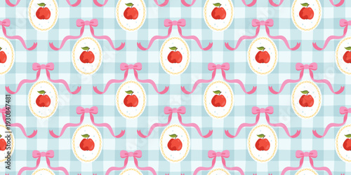 Apple seamless pattern with pink bows and oval medallions on blue gingham background. Cute vector horizontal border for nursery decor, flirty coquette aesthetic fabric, stationery. Stylish doodle