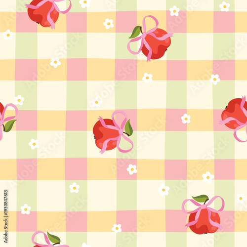 Apple seamless pattern with white flowers and pink bows on yellow checkered background. Colorful vector for Easter kitchen decor, spring garden party textiles, cute gift wrapping. Stylish doodle.