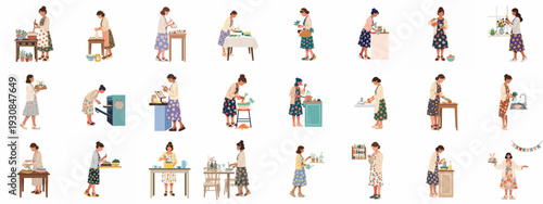 Illustrations of diverse women engaging in various daily domestic activities, including cooking, gardening, baking, cleaning, and crafting, showcasing homemaking and hobbies.