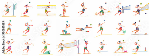 Vibrant illustrations of men playing beach volleyball, showcasing various dynamic actions and sunny summer scenes on the sand.