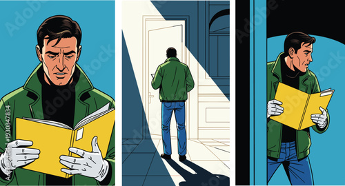 Vintage comic style illustration of a detective in a green jacket reading a secret folder, mystery noir investigation scenes
