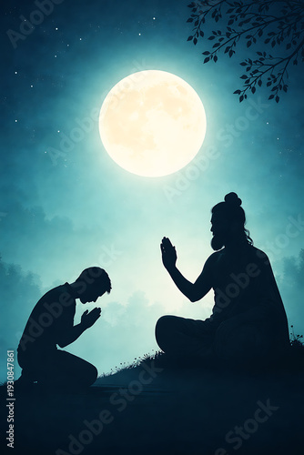 Silhouette of a guru and disciple praying under a bright full moon