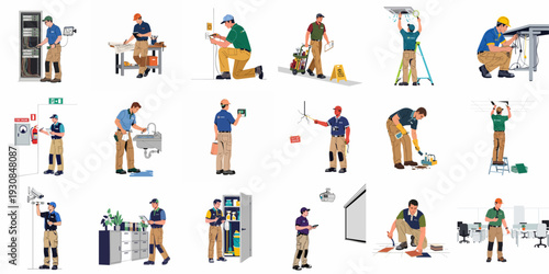 Diverse Facilities Management and Repair Services: A Collection of Maintenance Professionals at Work