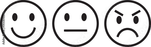 Three black and white smiley faces showing different emotions happy neutral angry also transparent background