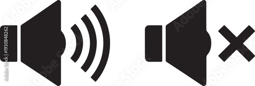 Two black speaker one with sound waves one with a cross symbol also transparent background speaker sound volume mute audio sound waves