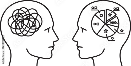 Two human heads in profile facing each other one with tangled lines in brain the other with pie chart and data symbols also transparent background