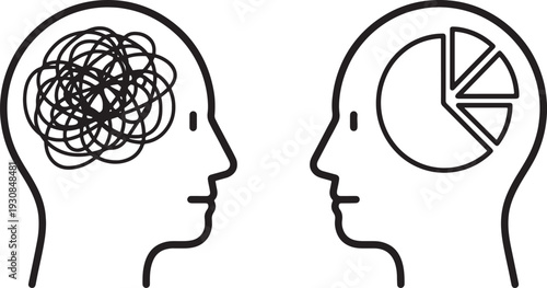 Two human head profiles one with tangled lines inside the other with a pie chart also transparent background