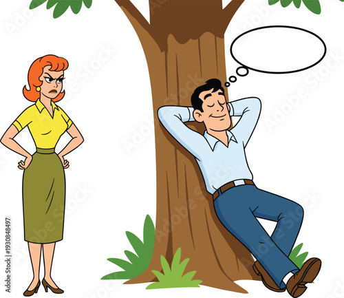 Angry woman standing with hands on hips looking at man relaxing and dreaming under a tree,