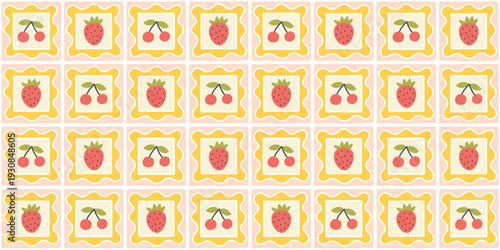 Summer berry mosaic seamless pattern with strawberry and cherry in wavy frames. Colorful fruit tiles for cotton kids clothing, bright nursery textiles, juicy gift wrapping paper. Modern naive doodle.