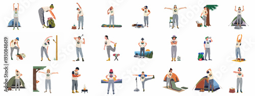 People engage in diverse morning routines and activities at a serene campsite, stretching, preparing, and enjoying the outdoor lifestyle and connection with nature.
