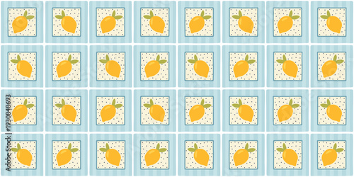 Mediterranean lemon pattern on blue ceramic tiles background. Seamless vector with citrus fruit for kitchen decor, tablecloth, napkins. Minimalist stylish tiles wallpaper. Modern naive hand-drawn art.