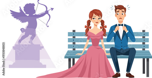 Nervous young man and woman on first date with Cupid shadow aiming bow, romantic Valentine concept vector illustration