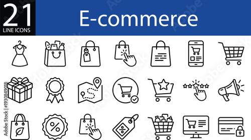 E-commerce line icons collection in minimalist style, shopping bags, discounts, carts, mobile sales, and secure payments
