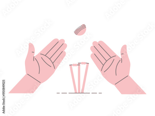 Pink hands tossing cricket ball, wickets in minimalist illustration style, sports concept