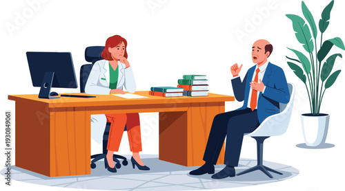 Professional female doctor listening to worried senior patient during medical consultation in office, healthcare and diagnosis vector illustration
