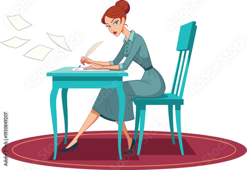 Elegant retro woman writing with quill pen at teal desk, vintage mid-century modern style vector illustration, creative storytelling concept