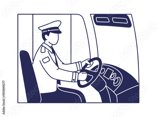 Driver in Uniform Sitting Inside Vehicle, Hands on Steering Wheel, Facing Forward