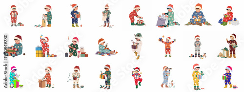 Diverse group of children in Christmas pajamas joyfully unwrapping and playing with holiday gifts, celebrating the festive season.