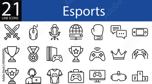 Esports line icons collection in minimalist style featuring gaming gear, competition trophies, virtual reality, team chat, and podium awards
