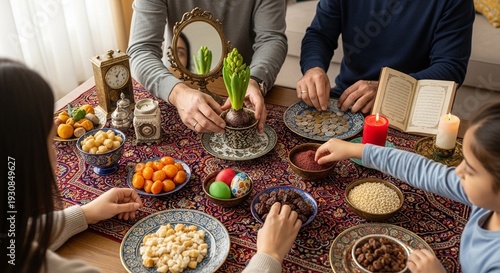 Family celebrating Nowruz with traditional food and decorations