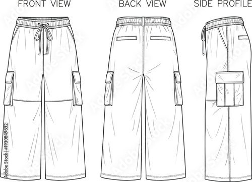 Technical flat vector illustration of wide leg cargo pants, with front back and side profiles