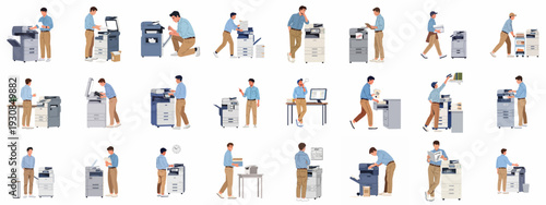 Man using office copier printer machine set, performing various tasks like loading paper, copying, scanning, and maintenance. Office worker handling documents and equipment.