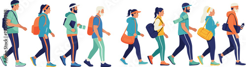 Diverse group of active people in sportswear walking with gym bags, backpacks, and yoga mats