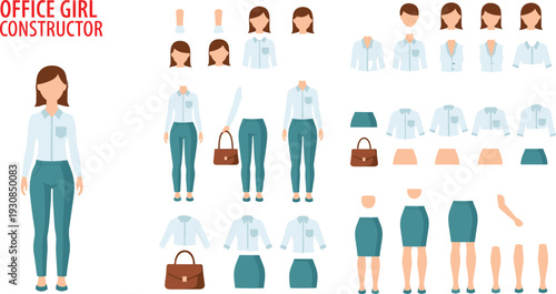 Professional female character creation kit with office clothing, body parts, and business woman outfits