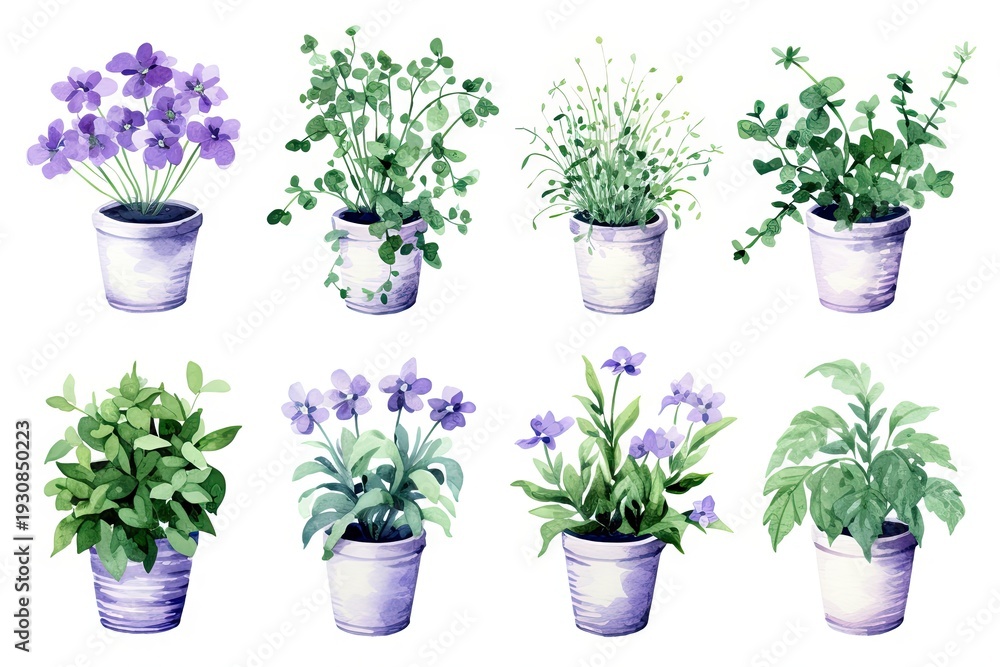 Fototapeta premium Watercolor illustration of a set of garden plants in pots for spring decoration, Easter, Womens Day, Mothers Day, wedding card, greeting card.
