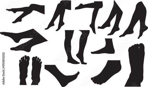 Collection of isolated female legs and feet in various positions and poses, black silhouette