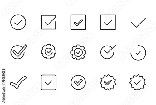 Collection of line art check mark icons and symbols for confirmation and approval