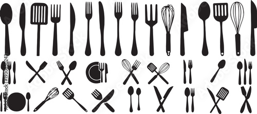 Silhouette Collection of Kitchen Utensils and Cutlery Keywords: fork, knife, spoon, spatula