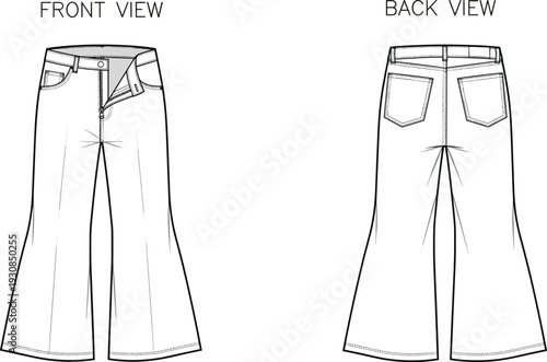 Technical fashion sketch of women's flare jeans showing front and back view design template