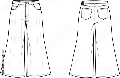 Technical fashion sketch of women wide leg trousers with front and back view