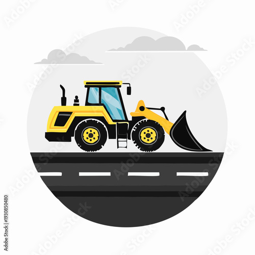 Yellow Front End Loader Tractor on Road Construction Site.