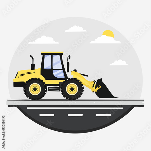 Yellow Front End Loader on Roadway Graphic Illustration.